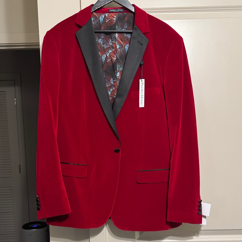 Paisley & Gray Red Velvet Blazer with Black Lapel